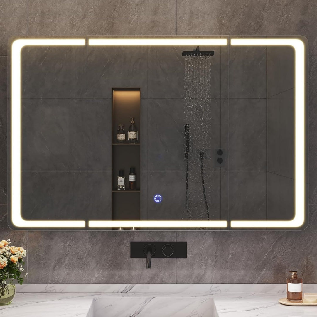 armadietti a specchio bianco con ripiani illuminato led 1