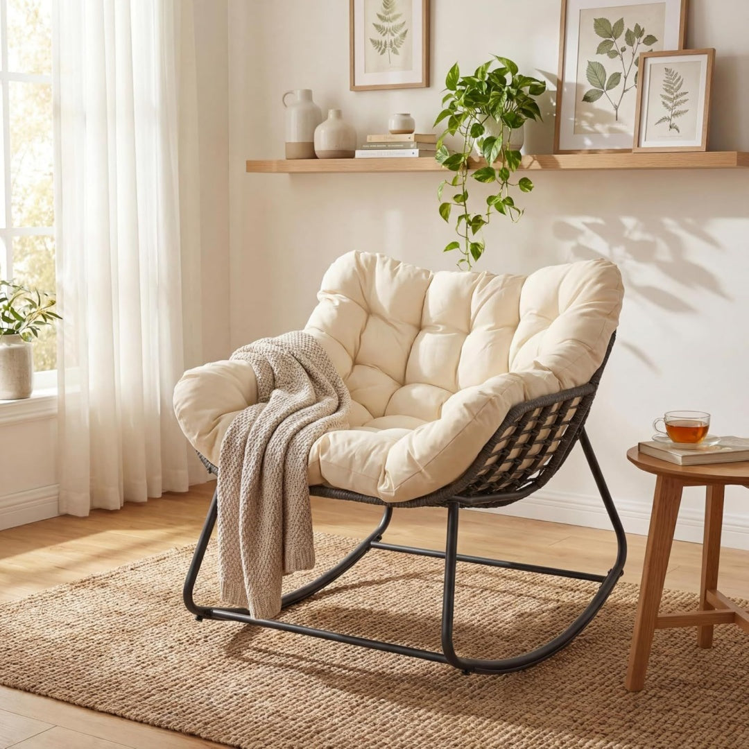 sedie a dondolo beige relax con cuscini